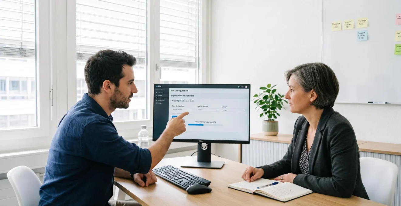 Consultant éditeur PIM et responsable e-commerce cliente lors d'un atelier de paramétrage personnalisé, écran affichant interface de configuration et mapping de données produit, salle de réunion lumineuse
