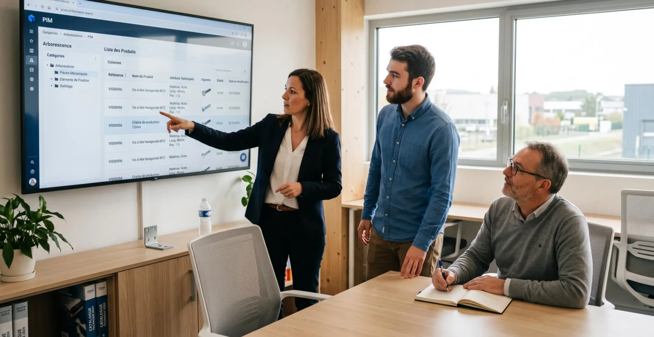 Équipe marketing et e-commerce d'une PME industrielle analysant une interface de logiciel PIM affichée sur grand écran lors d'une démonstration produit, bureau lumineux avec fenêtre en arrière-plan, atmosphère collaborative