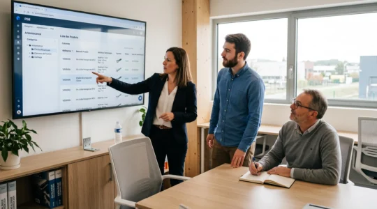 Équipe marketing et e-commerce d'une PME industrielle analysant une interface de logiciel PIM affichée sur grand écran lors d'une démonstration produit, bureau lumineux avec fenêtre en arrière-plan, atmosphère collaborative