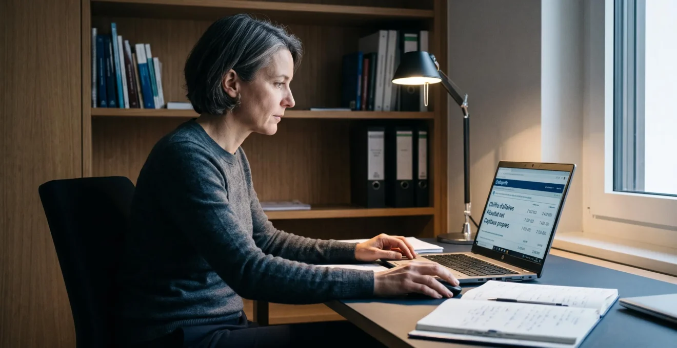 Professionnel consultant les bilans financiers et données officielles d'un éditeur de logiciel PIM sur écran d'ordinateur, bureau individuel sobre avec éclairage ciblé, atmosphère de travail concentré